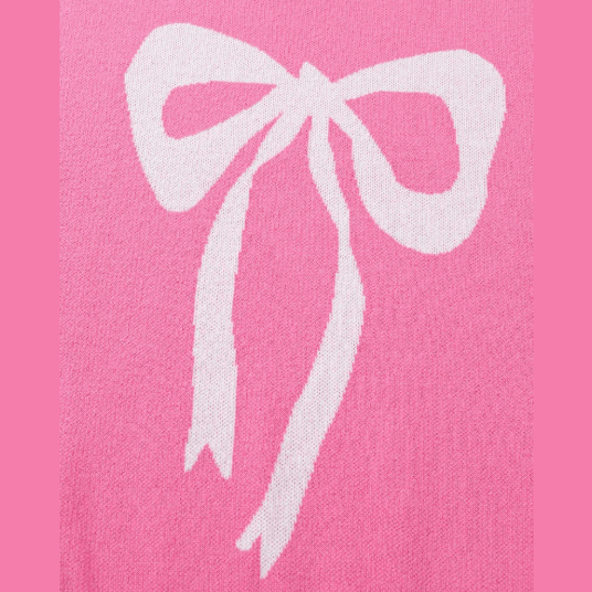 Felicia Sachet Pink Big Ribbon Bow Print Contrast Stitch Trim Drop Shoulder Sweater