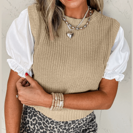 Hali Light French Beige Round Neck Knit Contrast Short Sleeve Patchwork Sweater Top