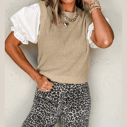 Hali Light French Beige Round Neck Knit Contrast Short Sleeve Patchwork Sweater Top