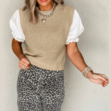 Hali Light French Beige Round Neck Knit Contrast Short Sleeve Patchwork Sweater Top