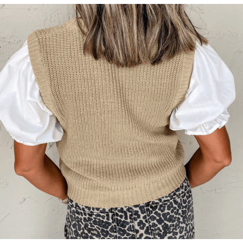 Hali Light French Beige Round Neck Knit Contrast Short Sleeve Patchwork Sweater Top