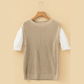 Hali Light French Beige Round Neck Knit Contrast Short Sleeve Patchwork Sweater Top