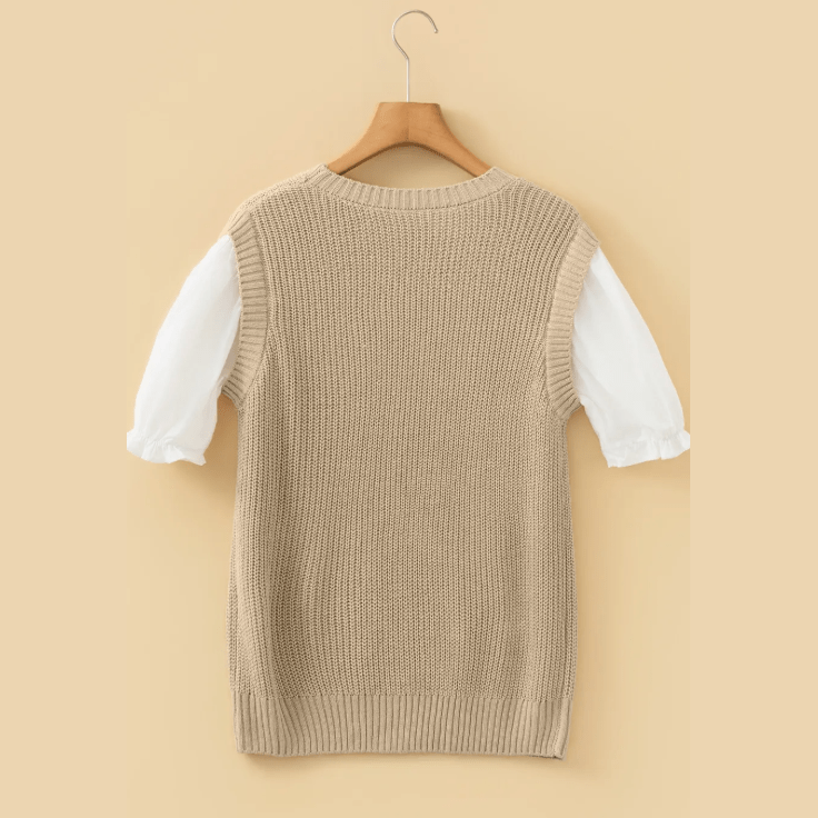 Hali Light French Beige Round Neck Knit Contrast Short Sleeve Patchwork Sweater Top