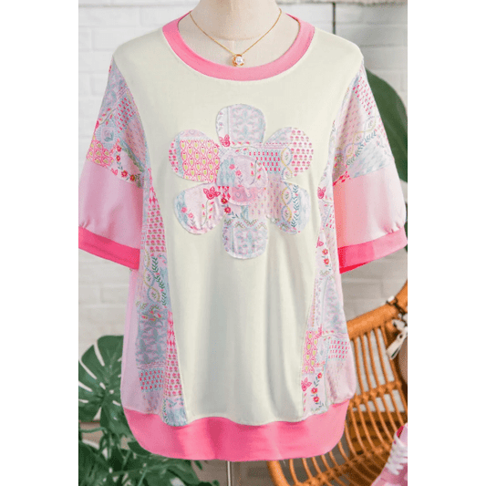 Wandia Color Block Floral Patchwork Big Flower Accent Relaxed Top