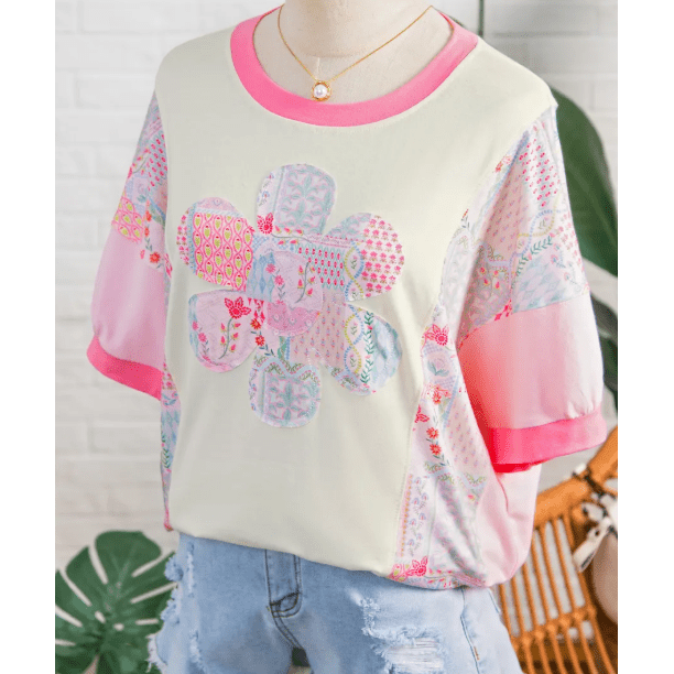 Wandia Color Block Floral Patchwork Big Flower Accent Relaxed Top