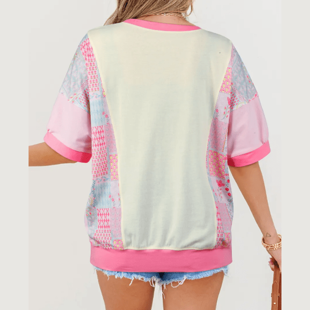 Wandia Color Block Floral Patchwork Big Flower Accent Relaxed Top