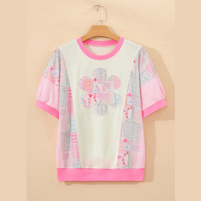 Wandia Color Block Floral Patchwork Big Flower Accent Relaxed Top