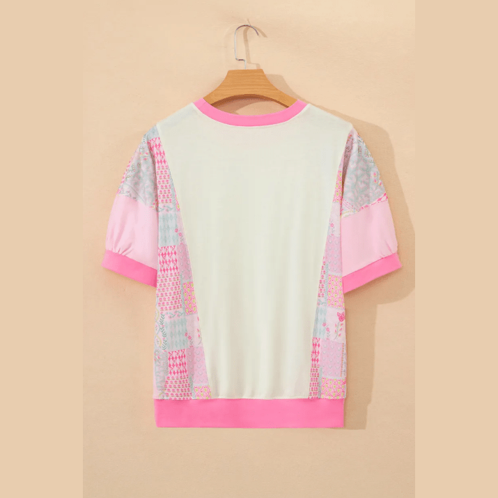 Wandia Color Block Floral Patchwork Big Flower Accent Relaxed Top
