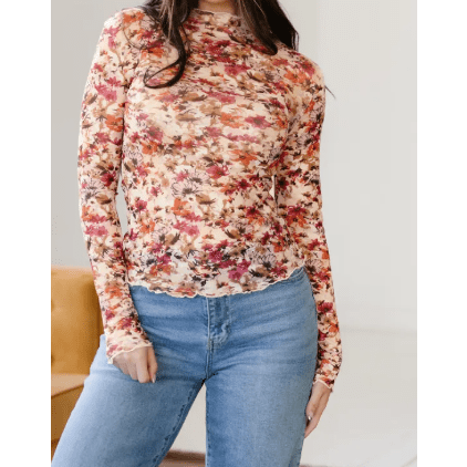 Brittyn Lettuce Trim Floral Print Mesh Long Sleeve Top