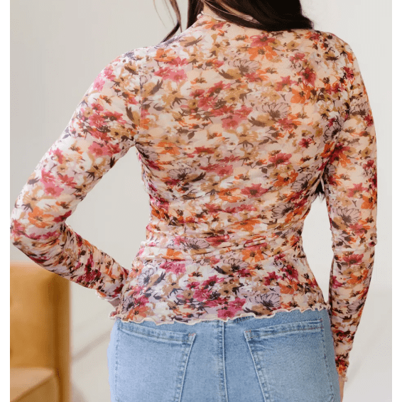 Brittyn Lettuce Trim Floral Print Mesh Long Sleeve Top
