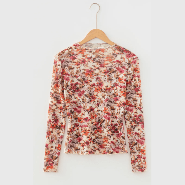 Brittyn Lettuce Trim Floral Print Mesh Long Sleeve Top