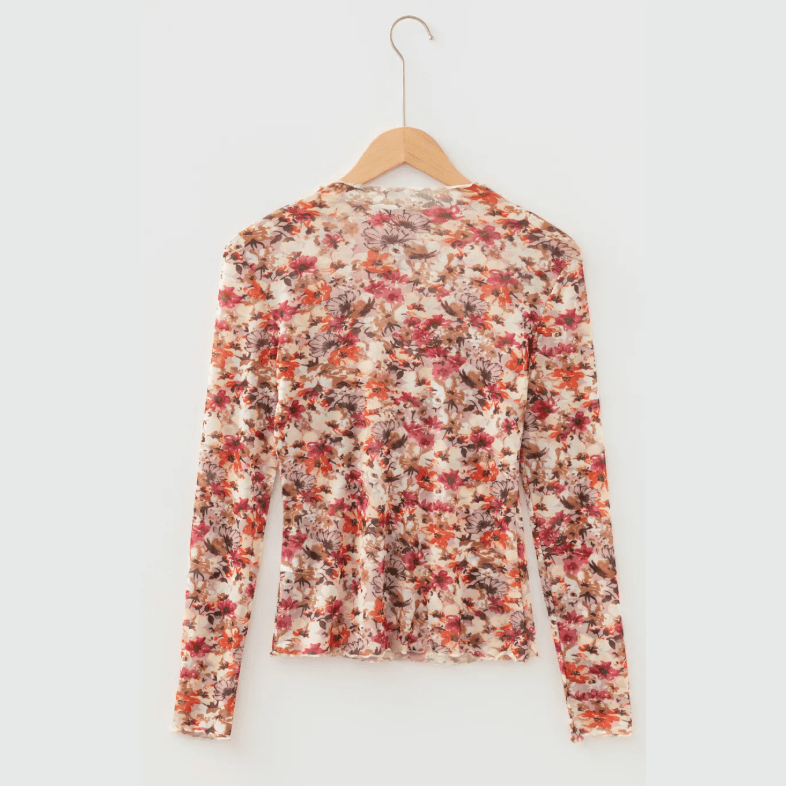 Brittyn Lettuce Trim Floral Print Mesh Long Sleeve Top