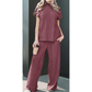 SALE!!!  Gladys Burgundy Twisted Ribbed High Neck Loose Tee Elastic High Waist Loose Pant Set