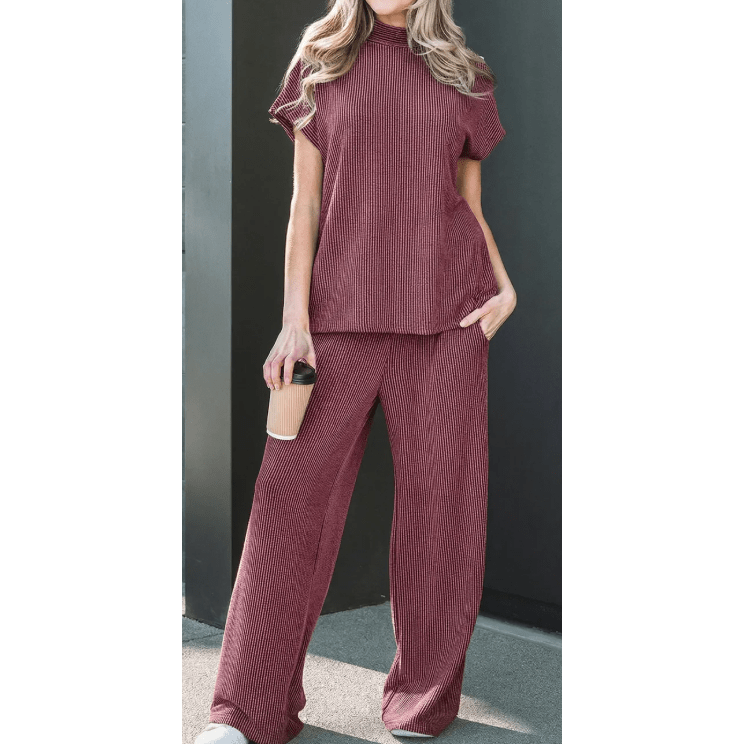 SALE!!!  Gladys Burgundy Twisted Ribbed High Neck Loose Tee Elastic High Waist Loose Pant Set