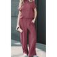 SALE!!!  Gladys Burgundy Twisted Ribbed High Neck Loose Tee Elastic High Waist Loose Pant Set