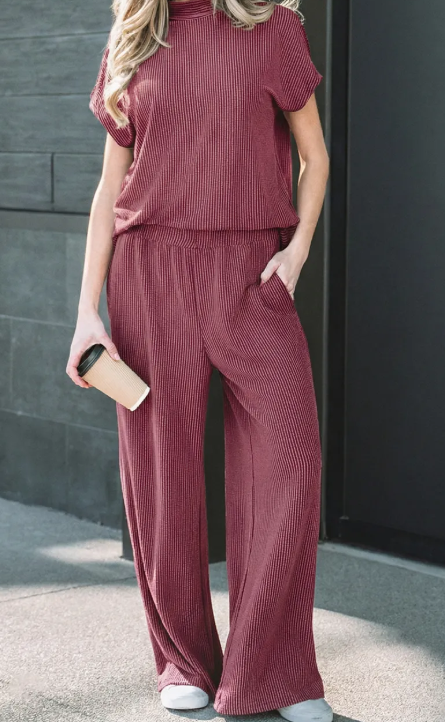 Gladys Burgundy Twisted Ribbed High Neck Loose Tee Elastic High Waist Loose Pant Set
