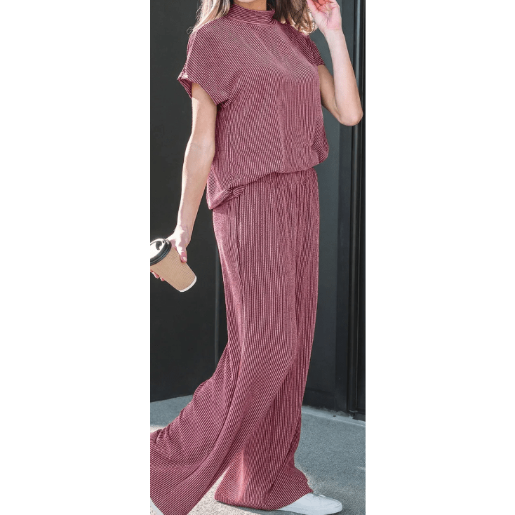 SALE!!!  Gladys Burgundy Twisted Ribbed High Neck Loose Tee Elastic High Waist Loose Pant Set