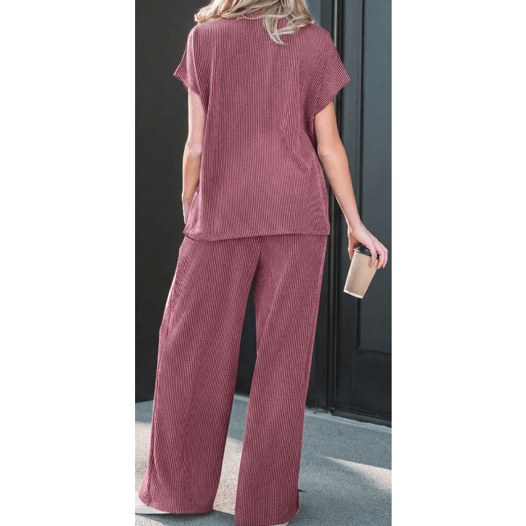 SALE!!!  Gladys Burgundy Twisted Ribbed High Neck Loose Tee Elastic High Waist Loose Pant Set