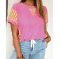 Nadeen Waffle Textured Contrast Striped Patchwork Loose T Shirt