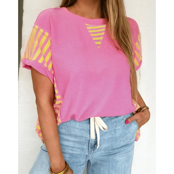 Nadeen Waffle Textured Contrast Striped Patchwork Loose T Shirt