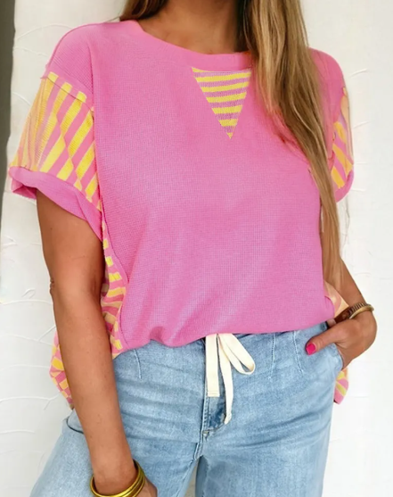 Nadeen Waffle Textured Contrast Striped Patchwork Loose T Shirt