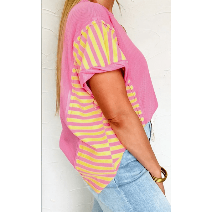 Nadeen Waffle Textured Contrast Striped Patchwork Loose T Shirt