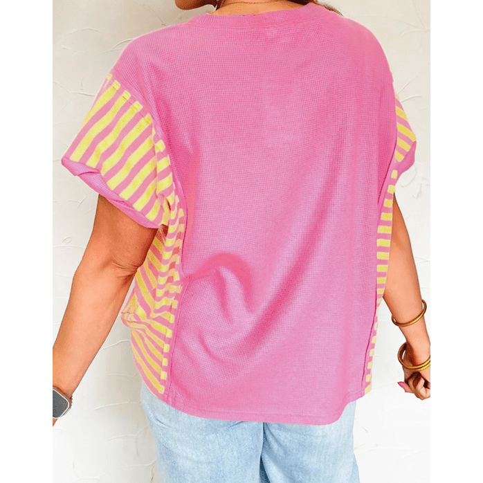 Nadeen Waffle Textured Contrast Striped Patchwork Loose T Shirt