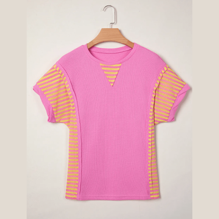 Nadeen Waffle Textured Contrast Striped Patchwork Loose T Shirt