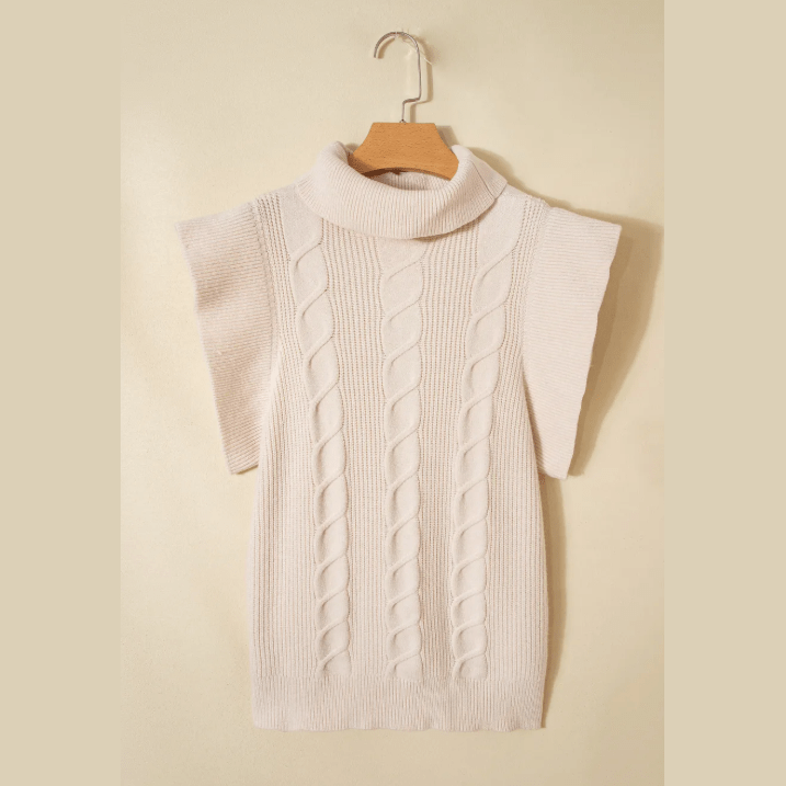 Myrtis Khaki Cable Knit Turtleneck Ruffled Short Sleeve Sweater