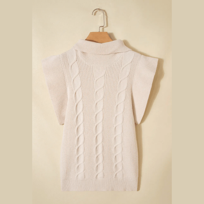 Myrtis Khaki Cable Knit Turtleneck Ruffled Short Sleeve Sweater