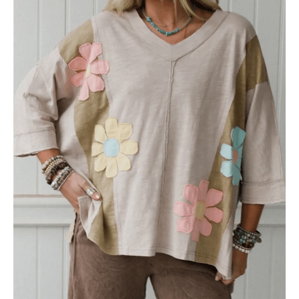 Renee Green Flower Patched Exposed Seam Bracelet Sleeve Oversized T Shirt