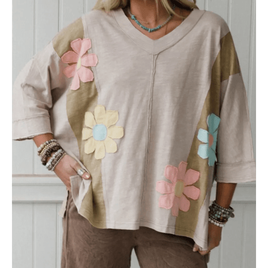 Renee Green Flower Patched Exposed Seam Bracelet Sleeve Oversized T Shirt
