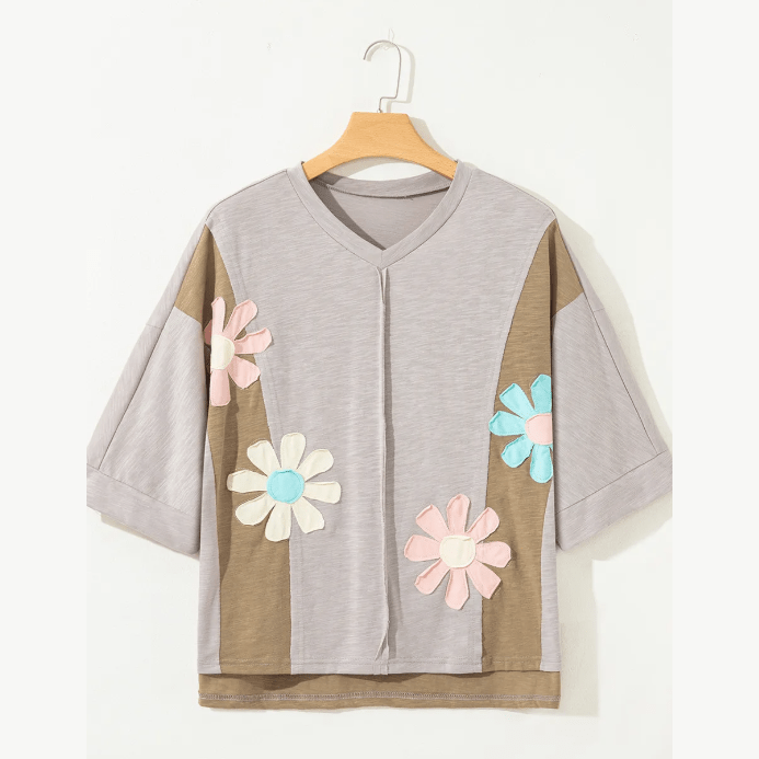 Renee Green Flower Patched Exposed Seam Bracelet Sleeve Oversized T Shirt