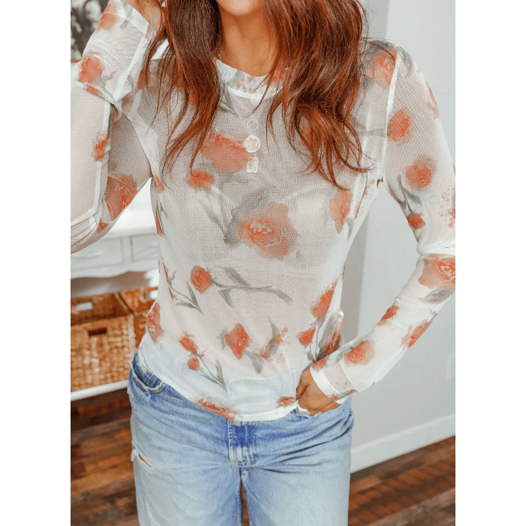 Chanel Round Neck Floral Print Mesh Long Sleeve Top