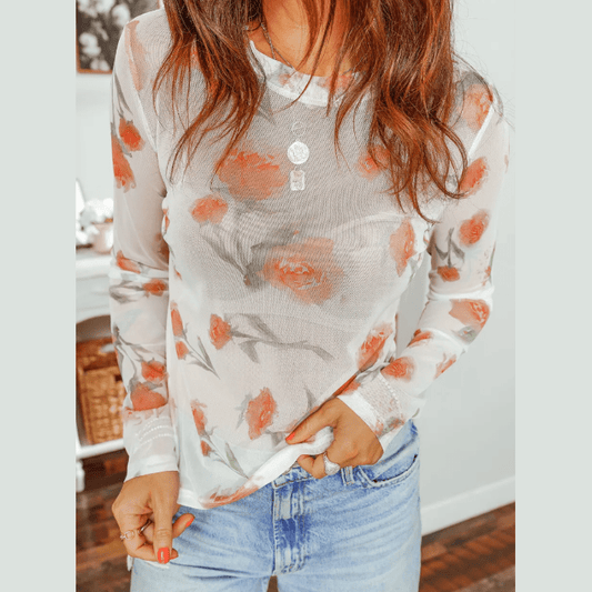 Chanel Round Neck Floral Print Mesh Long Sleeve Top