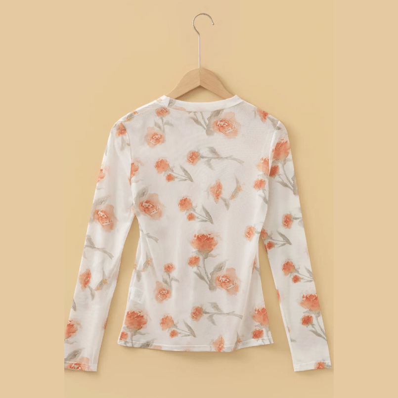 Chanel Round Neck Floral Print Mesh Long Sleeve Top