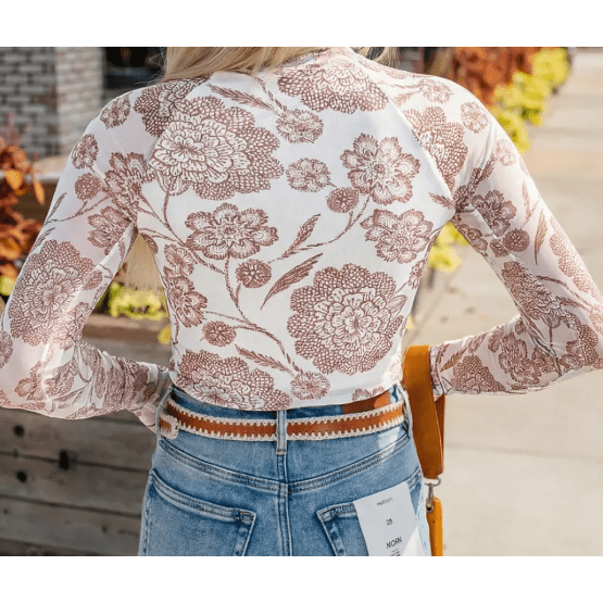 Margot Brown Thumbhole Long Sleeve Floral Print Mesh Top