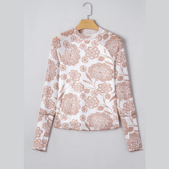 Margot Brown Thumbhole Long Sleeve Floral Print Mesh Top