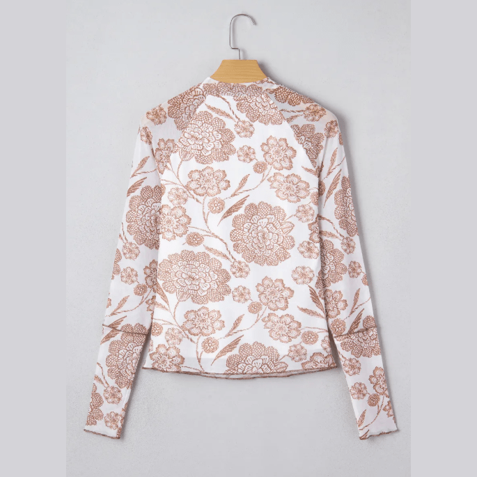 Margot Brown Thumbhole Long Sleeve Floral Print Mesh Top