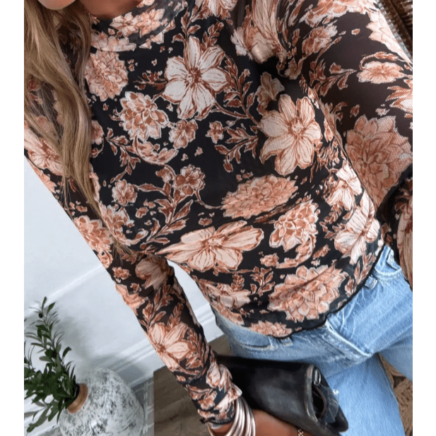 Esme Black Floral Print Mesh Mock Neck Long Sleeve Top