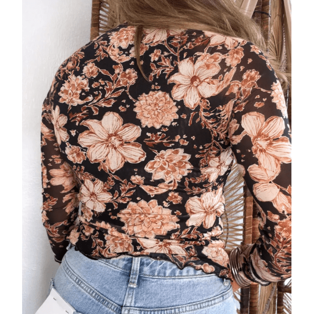 Esme Black Floral Print Mesh Mock Neck Long Sleeve Top
