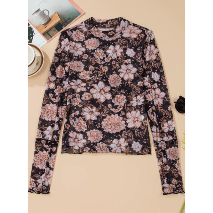 Esme Black Floral Print Mesh Mock Neck Long Sleeve Top