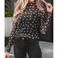 Lilith Black Polka Dot Patterned Bodycon Mock Neck Mesh Long Sleeve Top