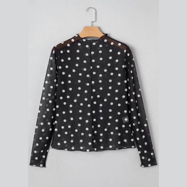 Lilith Black Polka Dot Patterned Bodycon Mock Neck Mesh Long Sleeve Top