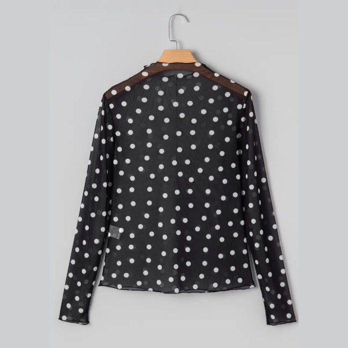 Lilith Black Polka Dot Patterned Bodycon Mock Neck Mesh Long Sleeve Top