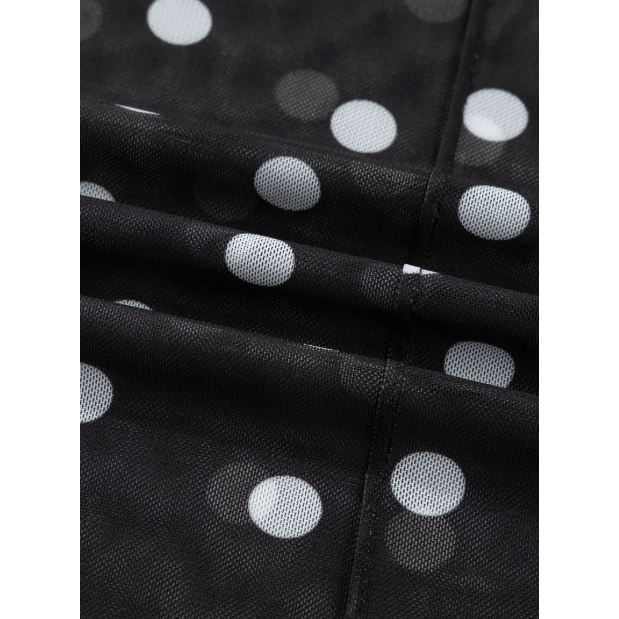 Lilith Black Polka Dot Patterned Bodycon Mock Neck Mesh Long Sleeve Top