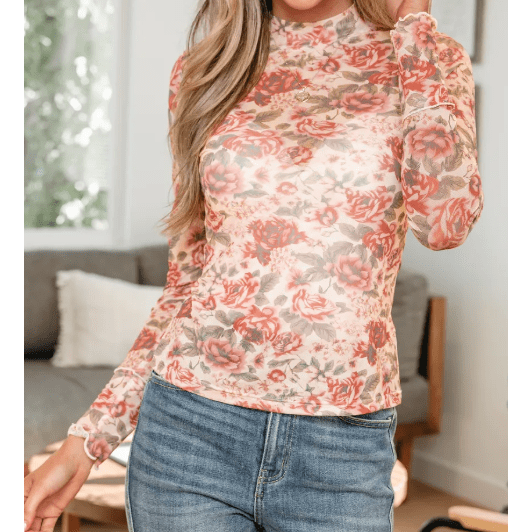 Dionne Retro Floral Print Mock Neck Mesh Long Sleeve Top