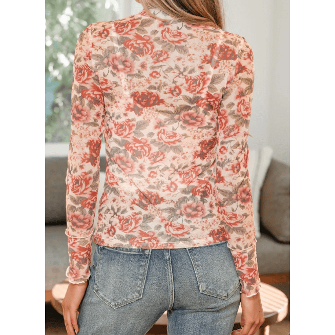 Dionne Retro Floral Print Mock Neck Mesh Long Sleeve Top