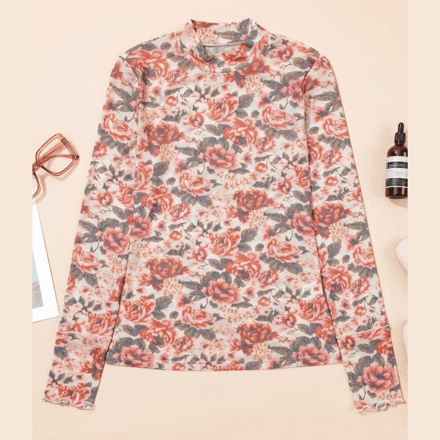 Dionne Retro Floral Print Mock Neck Mesh Long Sleeve Top