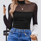 Nae Black Sheer Mesh Patchwork High Neck Long Sleeve Top